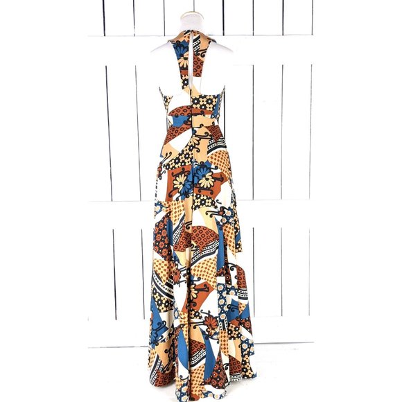 70s vintage brown floral psychedelic print sleeveless peep halter top maxi dress - Picture 7 of 8